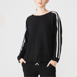 Monrow Black Lace-up Back Sweater with White Stripes down Arms